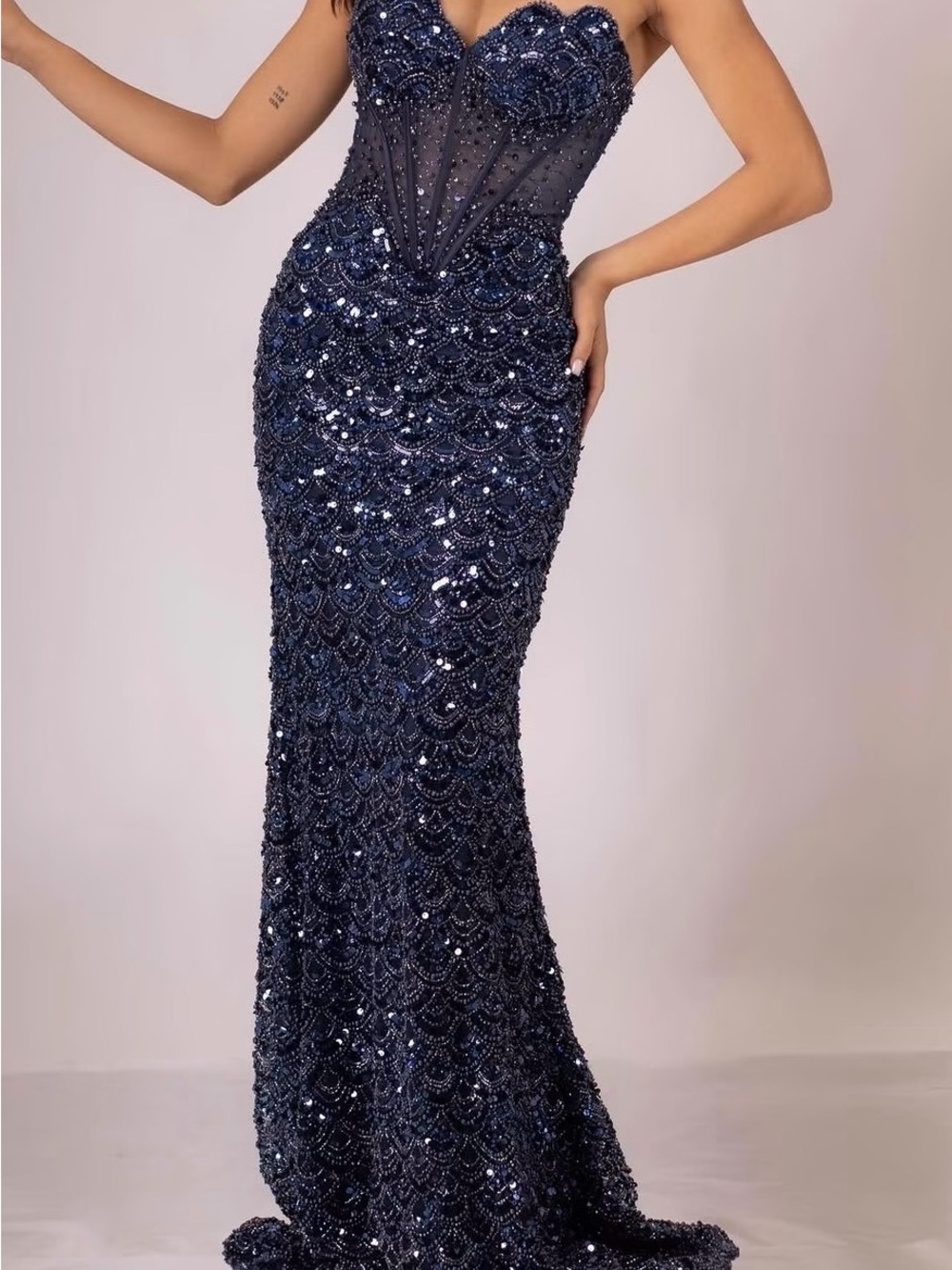 Elegant Navy Strapless Sequin Mermaid Gown